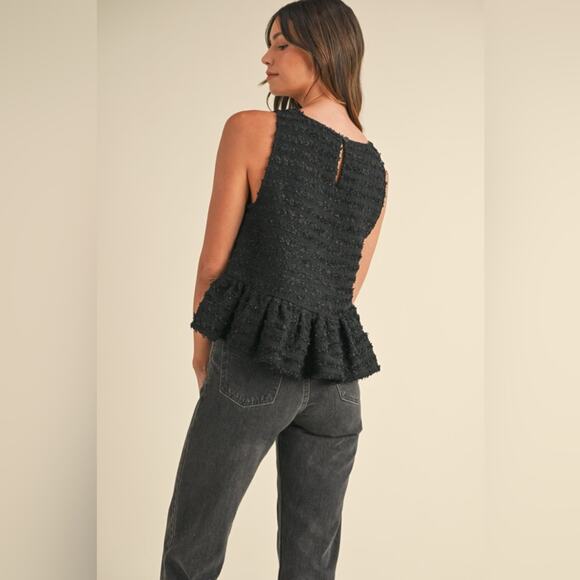 NWT Mable Aarna Frayed Babydoll Tank Top Black Peplum Top Textured Size Medium - Picture 4 of 11